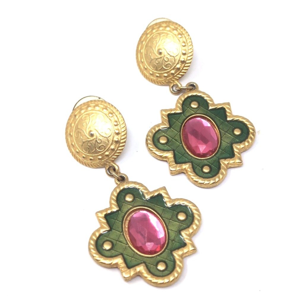 Vintage 80s Etruscan Dangle Post Earrings Gold Tone Green Enamel Pink Stones